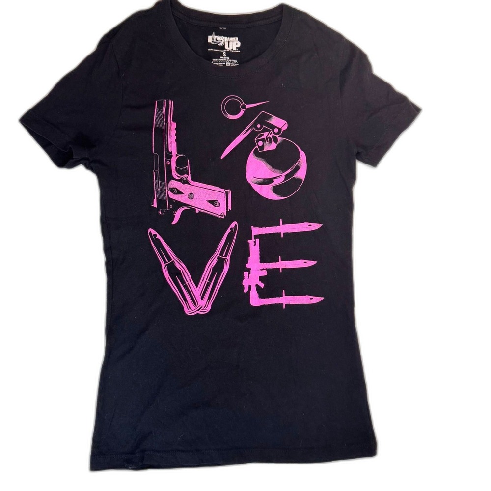 Ranger Up Love is All You Need Graphic Tshirt‎ Womens Small Black Pink Stretch